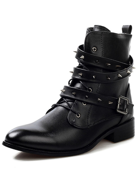 

Black Studded Cowhide Boots with Medium-cut