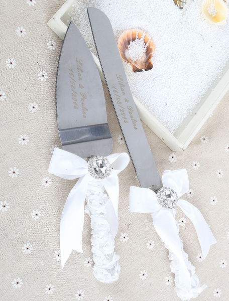 

Personalized Cake Knife & Server Set with Ribbon for Wedding, Silver