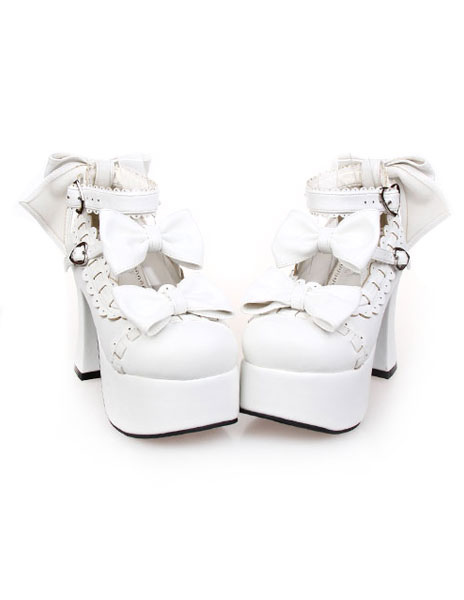 Image of Scarpe Lolita bianco opaco Pony tacchi scarpe piattaforma caviglia cinghie fiocchi Decor fibbie