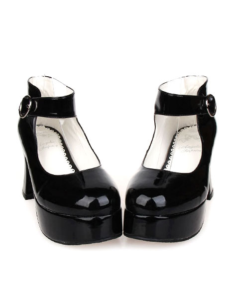 Milanoo Glossy Black High Chunky Heels Lolita Shoes Platform Ankle Strap Buckle