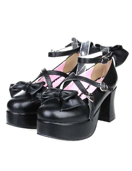 milanoo.com Matte Black Lolita Heels Shoes Platform Shoes Ankle Strap Buckles Bows