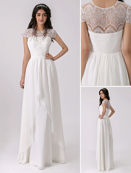 Milanoo Ivory Bridal Dress A Line Chiffon Short Sleeve Cut Out Wedding Dress