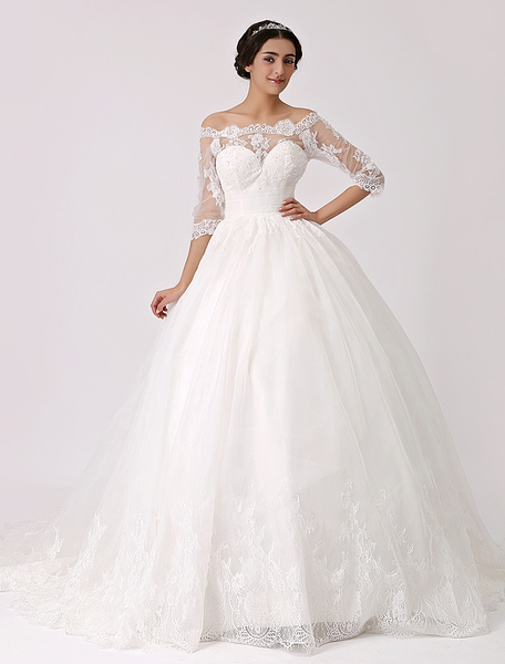 Milanoo Off The Shoulder Pleated Tulle Princess Ball Gown Lace Wedding Dress With Chapel Train