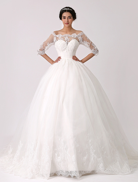Milanoo Off The Shoulder Pleated Tulle Princess Ball Gown Lace Wedding Dress With Chapel Train