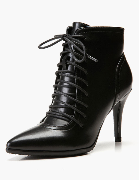 Milanoo Black Ankle Boots Women Pointed Toe Lace Up High Heel Booties