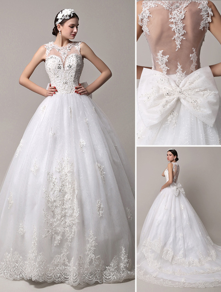 Glitter Sheer Back Chapel Train Wedding Gown with Heavily Beaded Bodice Milanoo