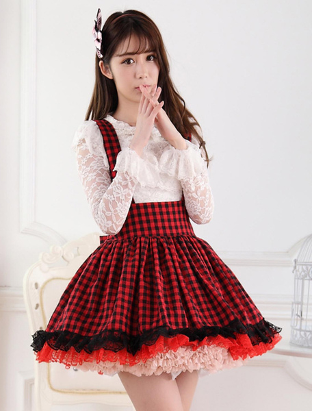 Image of Red Black Gingham Lolita Skirt Salopette Lace Lining