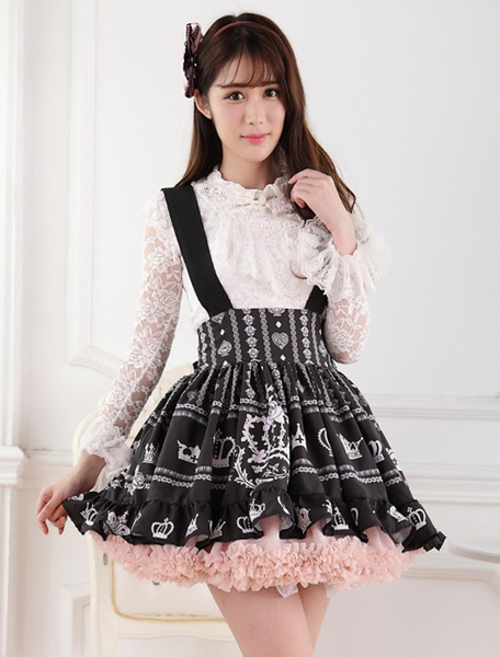 Image of Black Lolita Skirt Salopette Crown Print Lace Lining