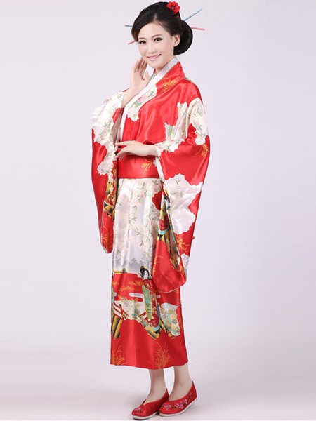 Image of Costume per feste rosso giappone in raso opaco kimono per donno