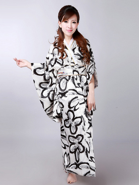 Milanoo Halloween Japanese Kimono Dress Gray Flower Print Yukata Costume