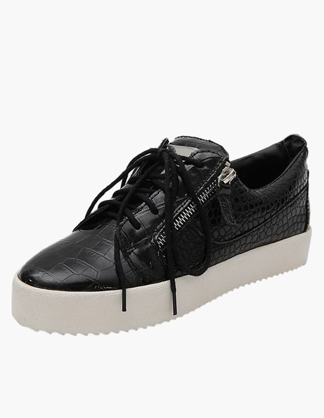

Black Crocodile Cowhide Zipper Round Toe Sneakers