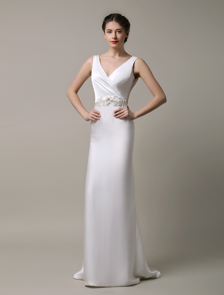 Milanoo Ivory Satin Cowl Back V Neckline Sash Beaded Embellished Wedding Dress
