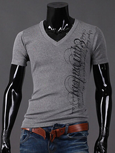 Image of Short Sleeve T Shirt Cotton V Neck Letter Print Men Casual T Shirt