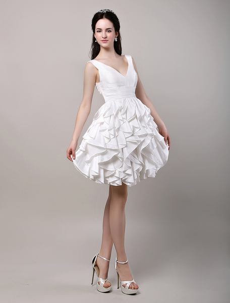 Milanoo  A-Linie-Brautkleid aus Taft mit V-Ausschnitt stufig knielang in Elfenbeinfarbe
