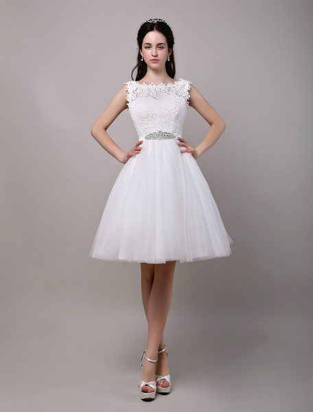 Milanoo A Line Short Knee Length Wedding Dress Lace Bodice Tulle Beading Sequins Sash Bridal Dress