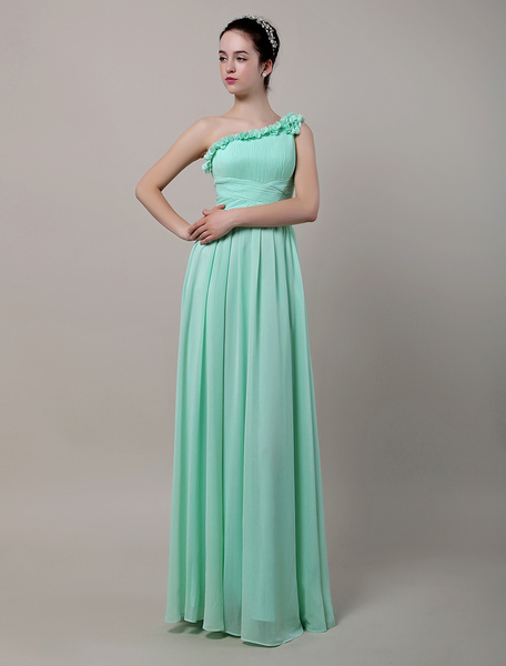 

One Shoulder Floor-Length Chiffon Bridesmaid Dress With Flowers, Mint green
