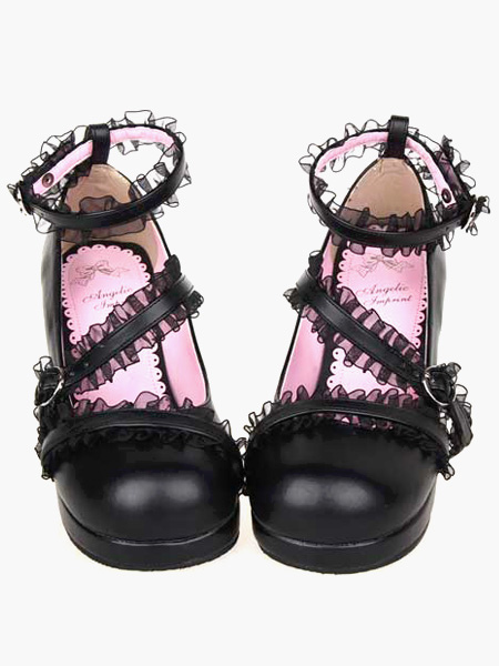 Milanoo Matte Black Lolita Chunky Heels Shoes Lace Trim Ankle Straps Buckles