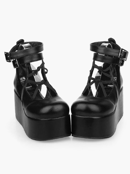 Image of Nero Lolita alta piattaforma scarpe alla caviglia cinturini in pelle PU