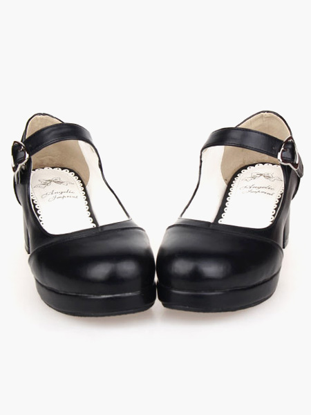 Milanoo Matte Black Lolita Square Heels Shoes Mary Jane Shoes Heart Shape Buckle
