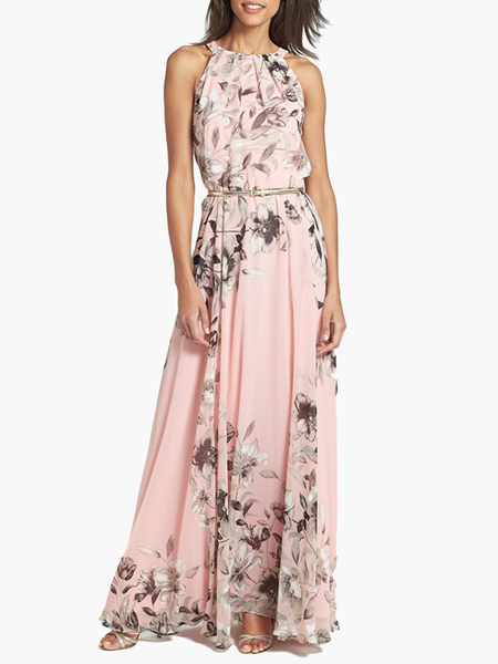 Milanoo Maxi Dress Floral Print Women Chiffon Sleeveless Peach Long Summer Dress