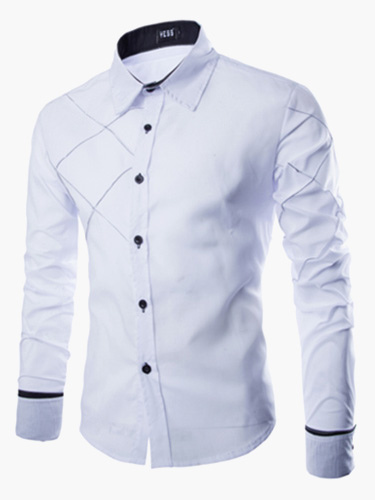 Image of Long Sleeve Men Shirt Color Block Patterned Black Casual Shirt