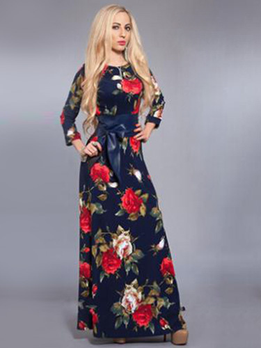 

2018 Vintage Long Sleeves Floral Print Maxi Dress