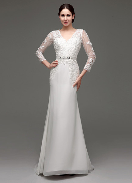 Milanoo Column Long Sleeves Illusion Back V Neckline Sash Bridal Gown With Court Train