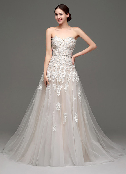 Milanoo Champagne Wedding Dress Tulle Strapless Sweatheart Neckline Lace Up Sash Bridal Gown With Co