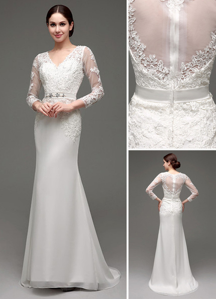 Milanoo Column Long Sleeves Illusion Back V Neckline Sash Bridal Gown With Court Train