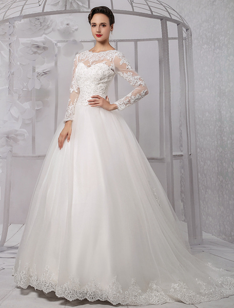 Milanoo Robe de mariée princesse dentelle manches longues robe de mariée perles avec traîne
