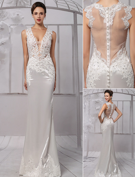 Milanoo Sexy Lace V Neckline Beaded Column Illusion Back Beaded Bridal Gown With Brush Train