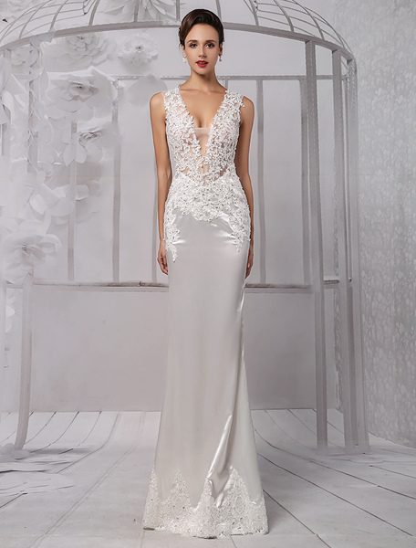 Milanoo Sexy Lace V Neckline Beaded Column Illusion Back Beaded Bridal Gown With Brush Train