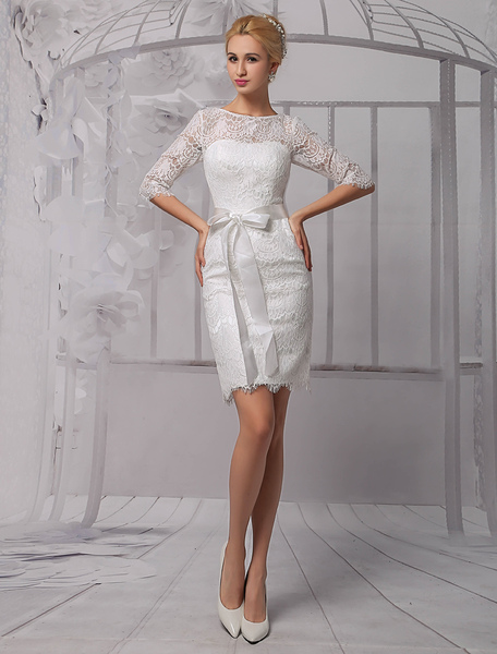 Milanoo  Etui-Brautkleid aus Spitze und Rundkragen und Gürtel knielang in Elfenbeinfarbe