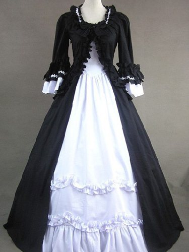 Milanoo Gothic Black and white Poplin Long Sleeves Lolita One-Piece dress