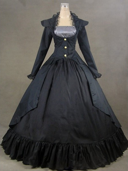Image of Victorian Black Short Sleeves Poplin Dress Costume Halloween