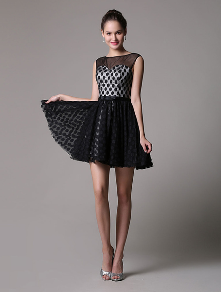 Image of Black Tulle Polka Dot Short Dress with Illusion Bateau Neck