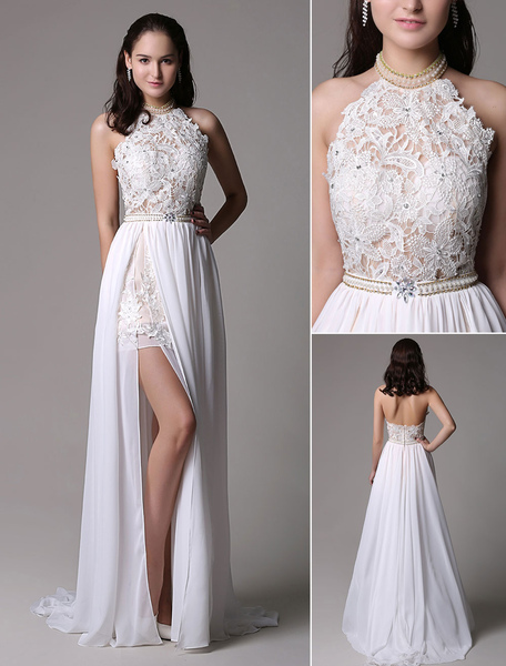Milanoo White Prom Dresses 2021 Long Ivory Halter Backless Evening Dress Lace Applique Beading Chiff