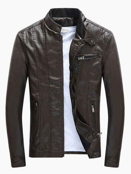 Image of Men Leather Jacket Stand Collar Long Sleeve Zip Up Short Jacket Black Motorcycle Jacket