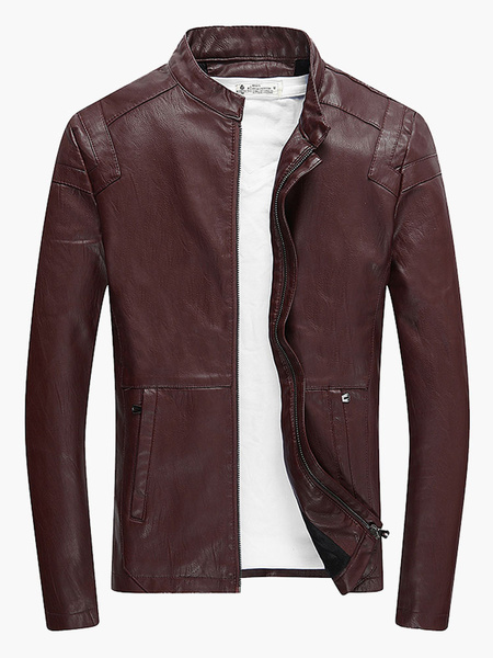 Image of Men Leather Jacket Stand Collar Motorcycle Jacket Solid Color Long Sleeve PU Jacket