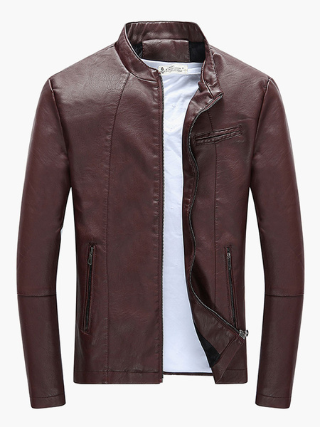 Image of Men PU Jacket Stand Collar Zipper Biker Jacket Long Sleeve Black Leather Jacket