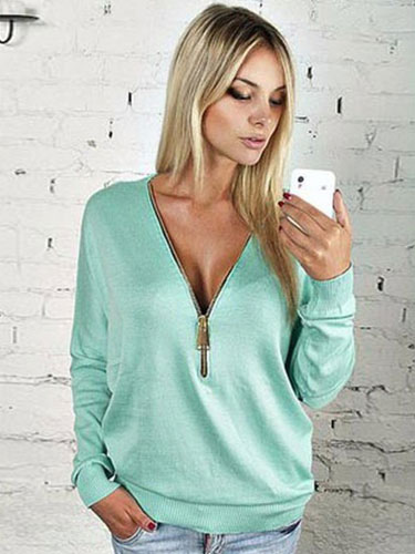 Image of Casual V-Neck Zipper Sweatshirt For Woman