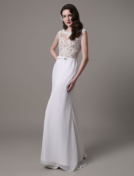 Milanoo Trumpet Wedding Dress Lace Bateau Neckline Illusion Back Sash Bow Bridal Dress With Brush Tr