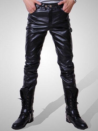 Image of Black Men Pant Zipper Ruched Boot Cut Skinny Leather Pant For Men