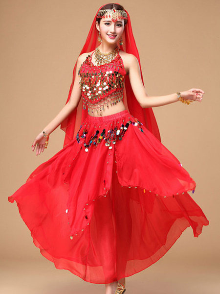 Image of Carnevale Abito da ballo di Bollywood in chiffon con sparkle rosso scintillante da donna Halloween