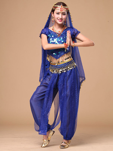 Image of Carnevale Costume da danza del ventre 2024 Costume da ballo di Bollywood in chiffon blu scintillante per donna Halloween