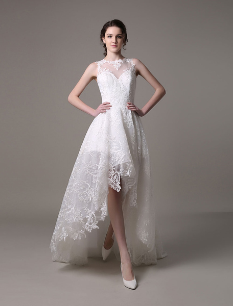Milanoo A Line Lace High Low Wedding Gown Sweetheart Neckline Illusion Back Bridal Dress With Court