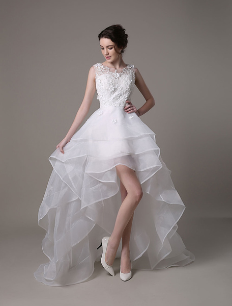 Milanoo A Line High Low Wedding Dress Lace Beading Flower Organza Bridal Dress With Brush Train