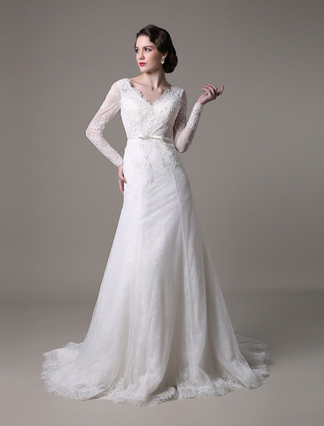 Milanoo 2021 Vintage Lace Wedding Dress A-Line With Long Sleeves Pearls Applique And Chapel Train
