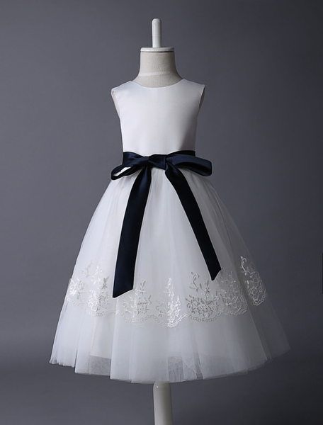 Milanoo Ivory Tulle Flower Girl Dress With Lace Applique And Navy Blue Sash