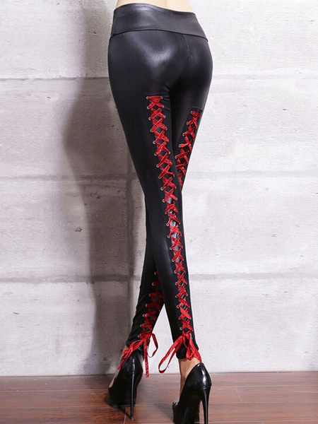 legging femmes elastique long à cuir synthétique vernis décoration avec les lacets à noeuds bicolores sexy legging femmes
